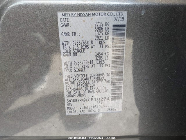 Nissan Pathfinder Sl 2019 5N1DR2MN9KC610274 Image 9