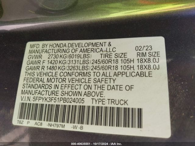 5FPYK3F51PB024005 Honda Ridgeline Rtl