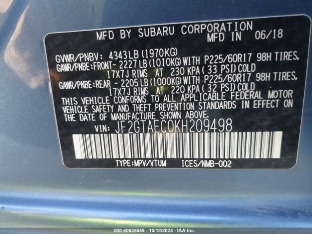 JF2GTAEC0KH209498 Subaru Crosstrek 2.0i Premium