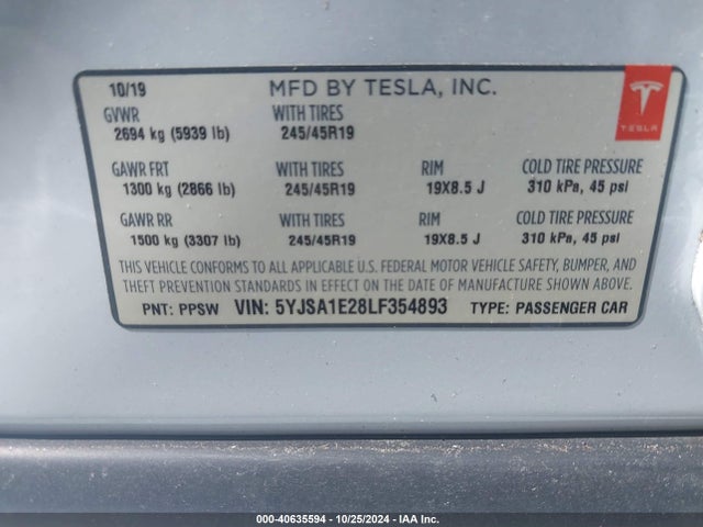 2020 TESLA MODEL S 5YJSA1E28LF354893 Photo 8