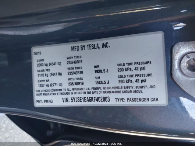 5YJ3E1EA6KF402003 Tesla Model 3 Long Range/mid Range/standard Range/standard Range Plus