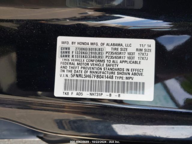 5FNRL5H67FB041448 Honda Odyssey Ex-l