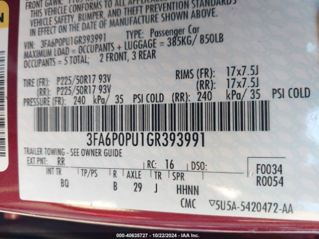3FA6P0PU1GR393991 Ford Fusion Energi Se Luxury