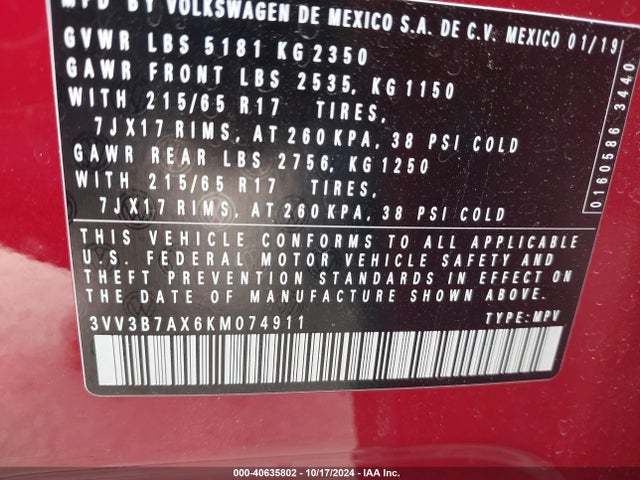3VV3B7AX6KM074911 Volkswagen Tiguan