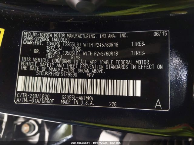 5TDJKRFHXFS179590 Toyota Highlander Xle V6