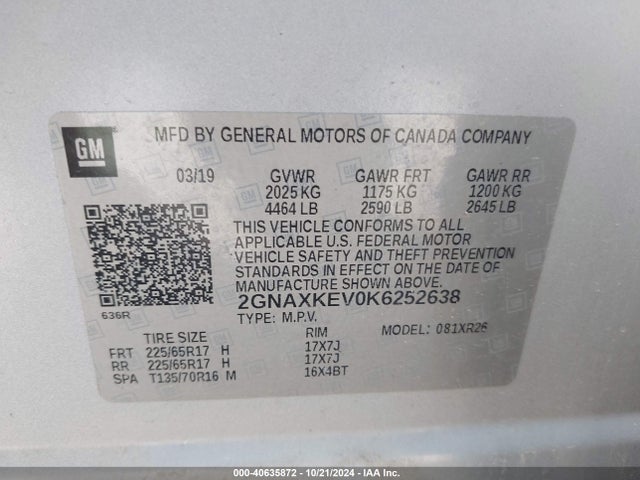 Chevrolet EQUINOX LT 2019 2GNAXKEV0K6252638 Image 9