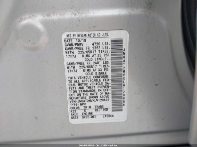 JN8AT2MVXLW120696 Nissan Rogue Sv Intelligent Awd