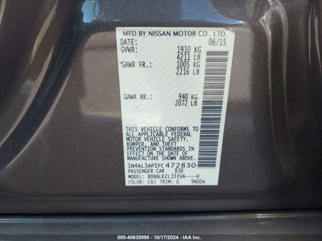 Aukcja sprzedaży 2015 Nissan Altima 2.5 Sv, vin: 1N4AL3AP1FC472830, numer aukcji: 40635998
