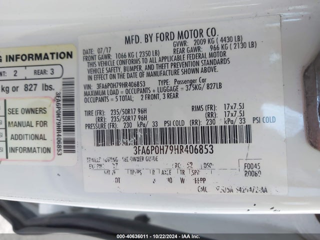 Ford FUSION SE 2017 3FA6P0H79HR406853 Image 9