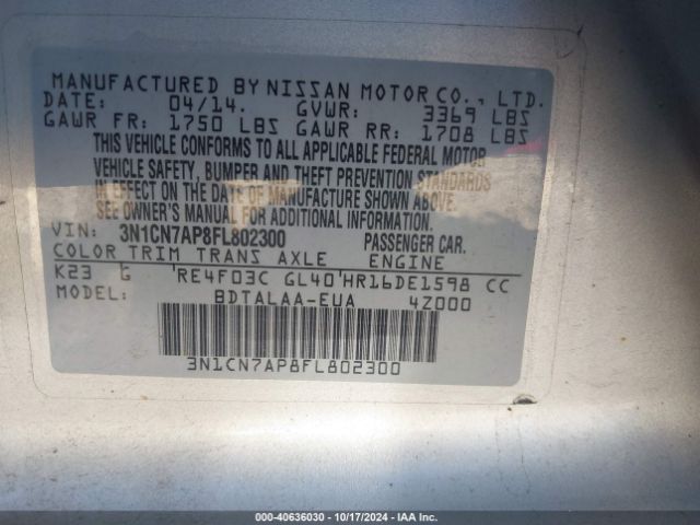 3N1CN7AP8FL802300 Nissan Versa 1.6 S