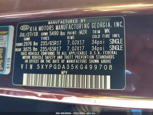 KIA Sorento 2.4l Lx 2019 5XYPGDA35KG499708 Image 9