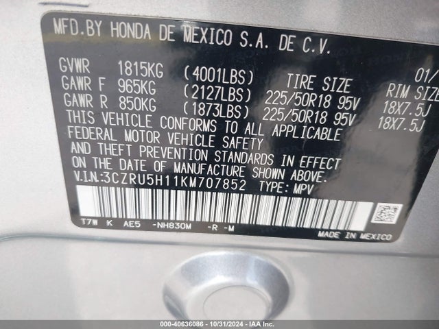 3CZRU5H11KM707852 Honda HR-V SPORT