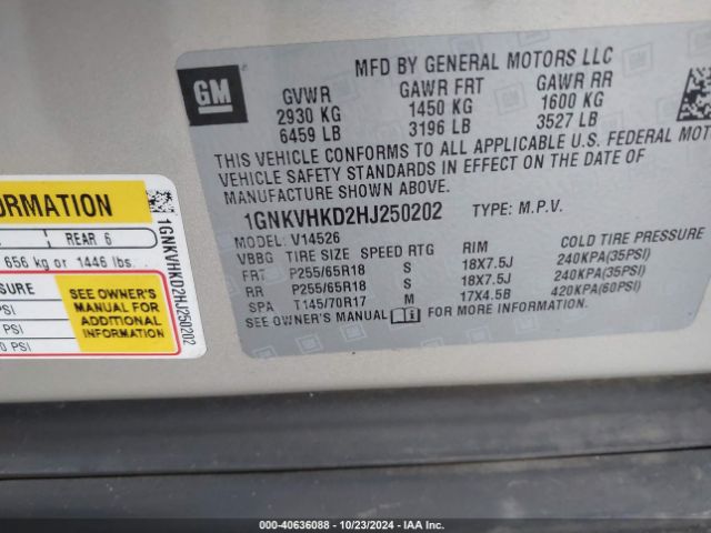 1GNKVHKD2HJ250202 Chevrolet Traverse 2lt