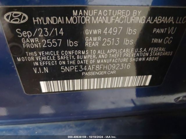 5NPE34AF8FH092316 Hyundai Sonata Limited