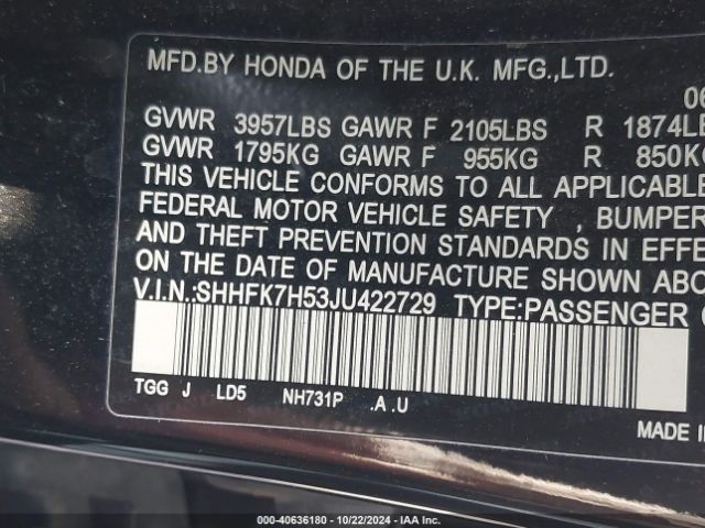 SHHFK7H53JU422729 Honda CIVIC EX