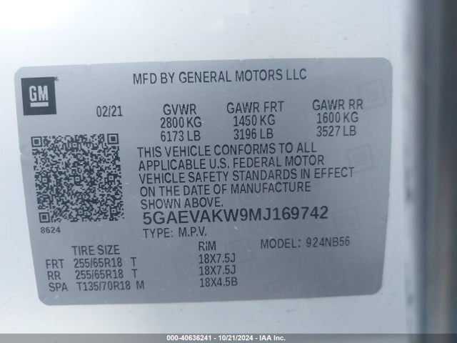 5GAEVAKW9MJ169742 Buick Enclave Awd Essence