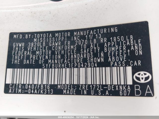 5YFBURHE1EP042904 Toyota Corolla Le/le Plus/le Premium