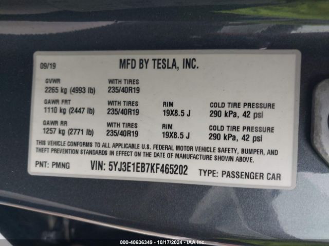 5YJ3E1EB7KF465202 Tesla Model 3 Long Range/performance