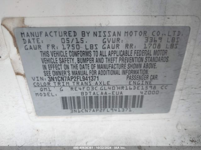 3N1CN7AP2FL941371 Nissan Versa 1.6 S