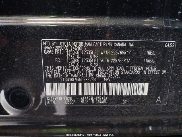 2T3G1RFV4NC283266 Toyota RAV4 LE