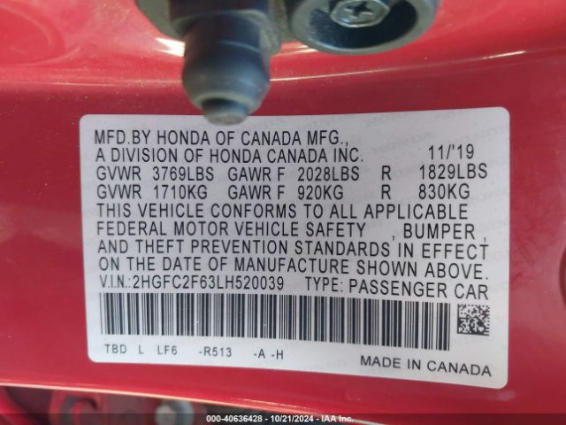 2HGFC2F63LH520039 Honda Civic Lx