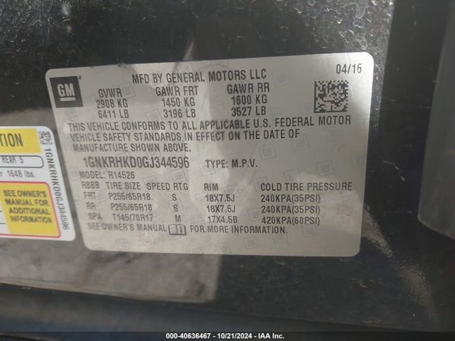 Chevrolet Traverse 2lt 2016 1GNKRHKD0GJ344596 Image 9