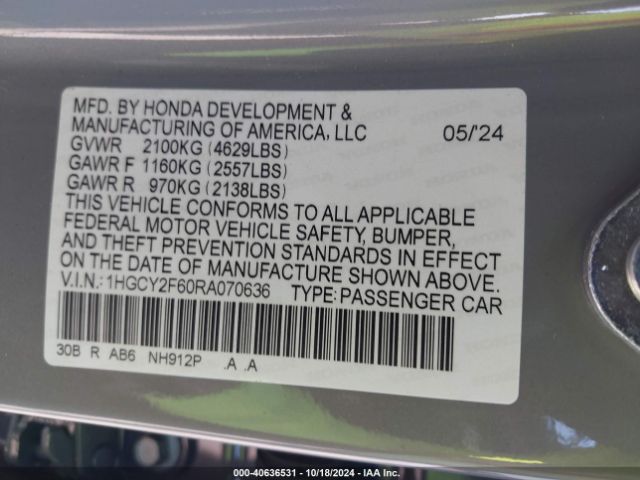 1HGCY2F60RA070636 Honda Accord Hybrid Ex-l