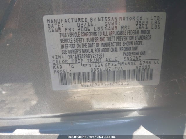 40636615 :رقم المزاد ، 3N1AB7AP9GY231551 vin ، 2016 Nissan Sentra Fe+ S/s/sl/sr/sv مزاد بيع