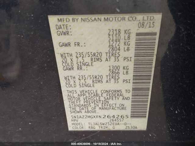 5N1AZ2MGXFN264265 Nissan Murano Platinum