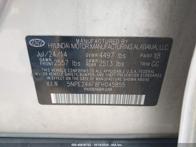 Продажа на аукционе авто 2015 Hyundai Sonata Se, vin: 5NPE24AF8FH045855, номер лота: 40636702