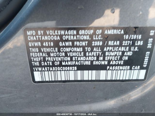 1VWAS7A32GC006825 Volkswagen Passat 1.8t S