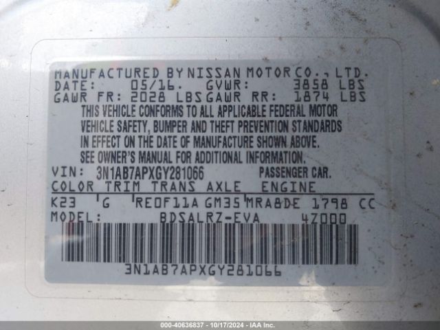 3N1AB7APXGY281066 Nissan Sentra Fe+ S/s/sl/sr/sv