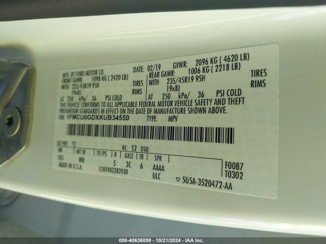 Ford ESCAPE SE 2019 1FMCU0GDXKUB34550 Image 9