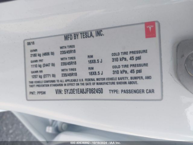 5YJ3E1EA8JF062450 Tesla Model 3 Long Range/mid Range