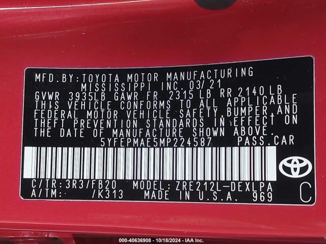 Toyota COROLLA LE 2021 5YFEPMAE5MP224587 Image 9