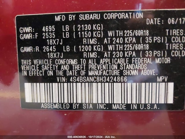 Subaru Outback 2.5i Limited 2017 4S4BSANC8H3424866 Image 9