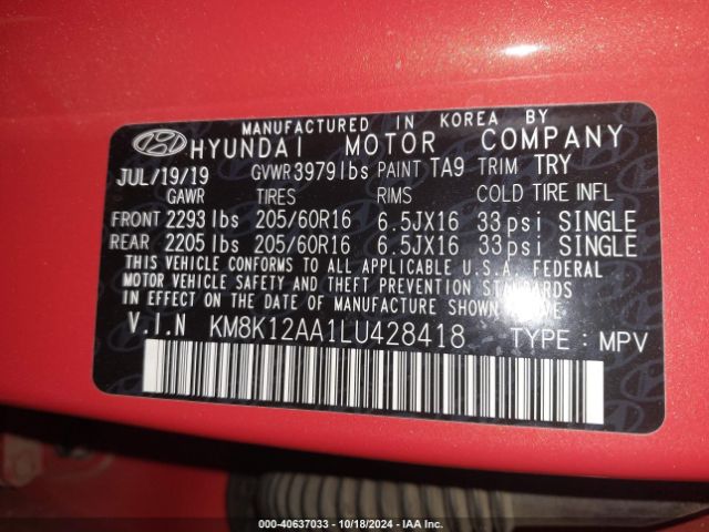 2020 HYUNDAI KONA KM8K12AA1LU428418 Photo 8