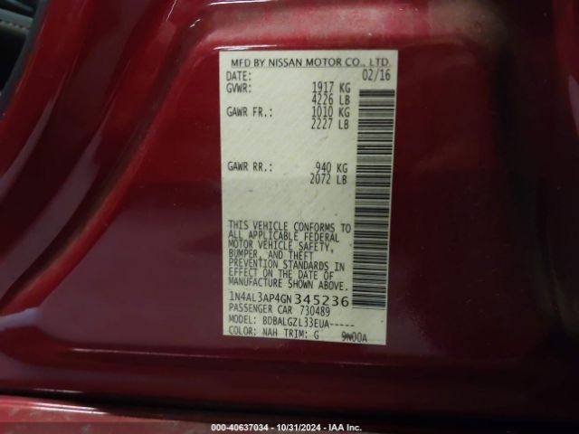 1N4AL3AP4GN345236 Nissan Altima 2.5/2.5 S/2.5 Sl/2.5 Sr/2.5 Sv