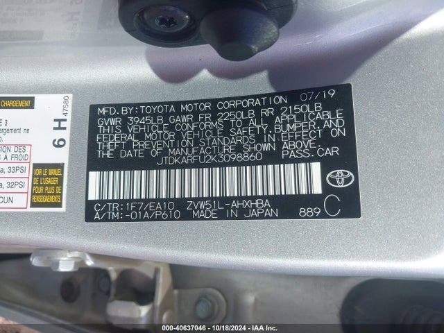 Toyota PRIUS XLE 2019 JTDKARFU2K3098860 Image 9