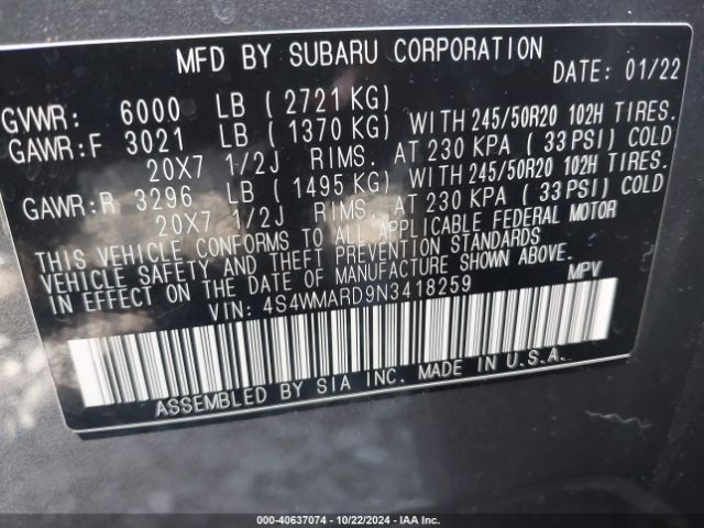 4S4WMARD9N3418259 Subaru Ascent Touring