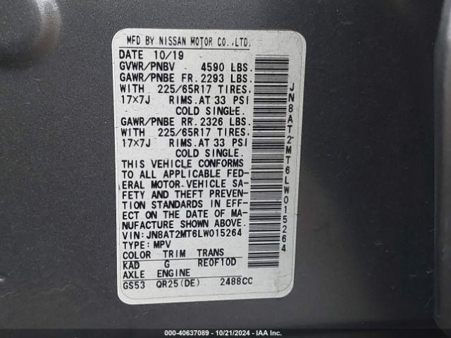 JN8AT2MT6LW015264 Nissan Rogue Sv Fwd