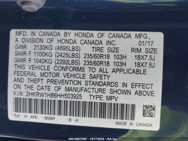 2HKRW1H86HH503925 Honda Cr-v Ex-l/ex-l Navi
