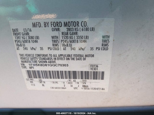 Ford EXPLORER XLT 2016 1FM5K8D81GGC70303 Image 9