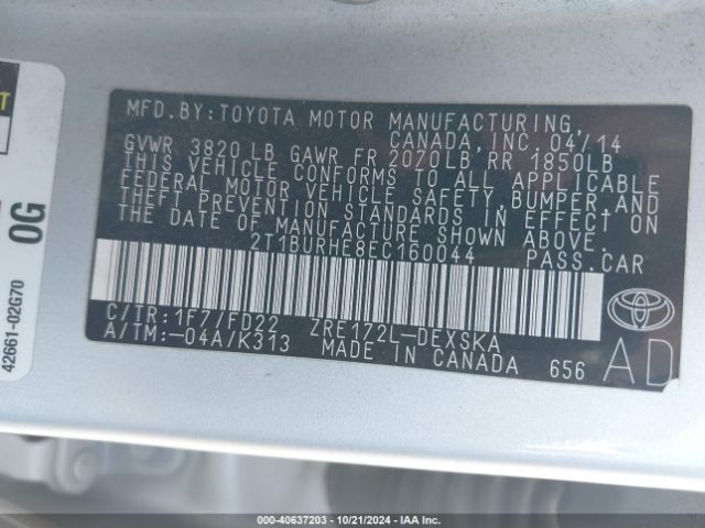 2T1BURHE8EC160044 Toyota Corolla S