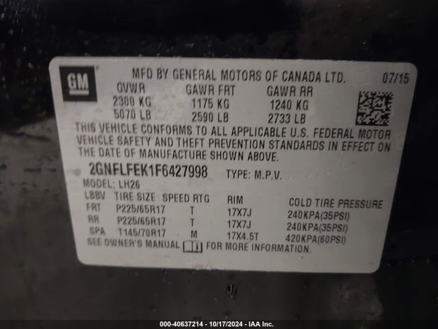 Chevrolet EQUINOX 1LT 2015 2GNFLFEK1F6427998 Image 9