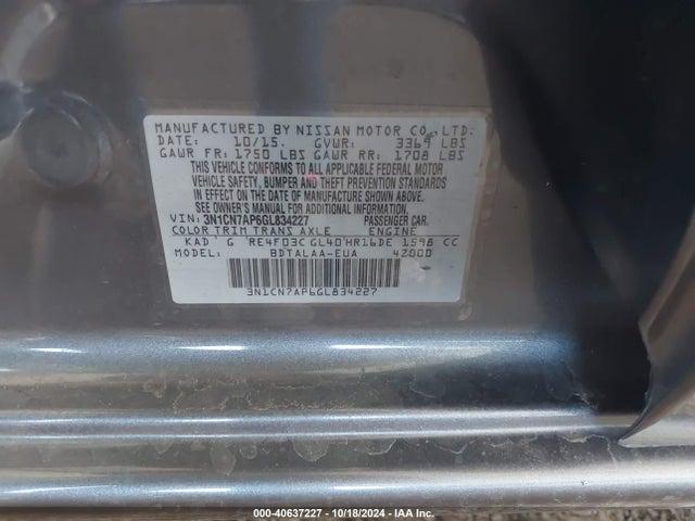Nissan Versa 1.6 S 2016 3N1CN7AP6GL834227 Image 9