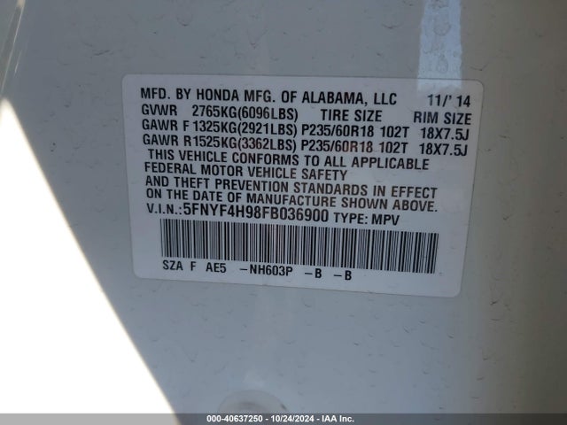 Honda Pilot Touring 2015 5FNYF4H98FB036900 Image 9