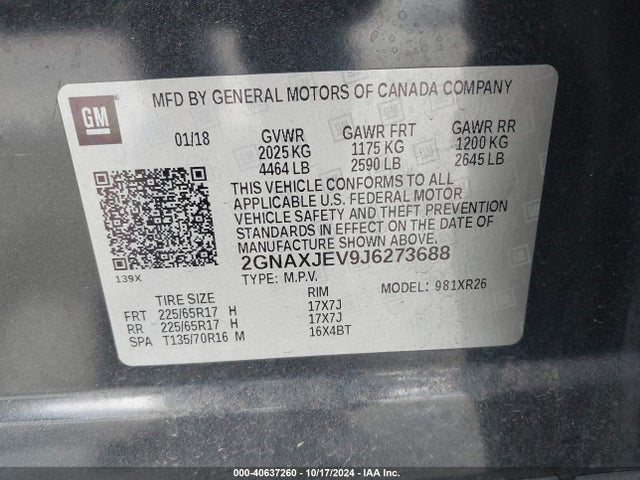 Chevrolet EQUINOX LT 2018 2GNAXJEV9J6273688 Image 9