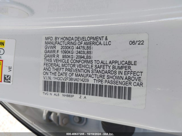 1HGCV2F38NA014209 Honda Accord Sport 2.0t