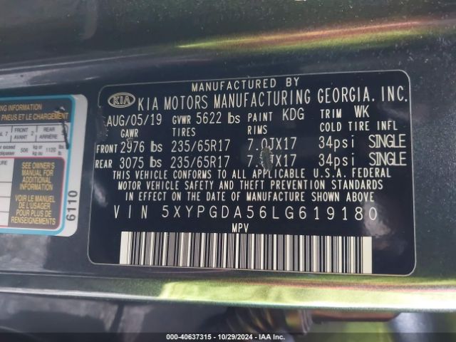 5XYPGDA56LG619180 KIA Sorento 3.3l Lx
